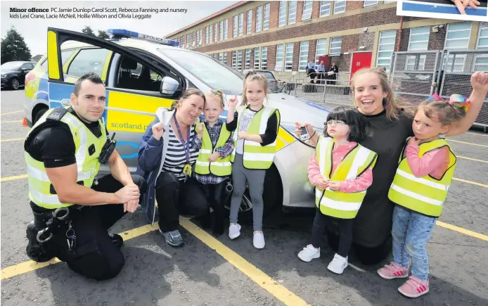  ??  ?? Minor offence PC Jamie Dunlop Carol Scott, Rebecca Fanning and nursery kids Lexi Crane, Lacie McNeil, Hollie Wilson and Olivia Leggate