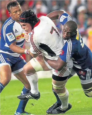  ?? Picture: ESA ALEXANDER ?? TAG TEAM: Stormers players Siya Kolisi, right, and Elton Jantjies bring down Matt Todd of the Crusaders during the Super Rugby match at Newlands last night