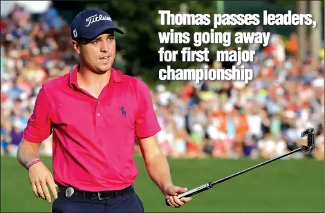  ?? AP/CHRIS O’MEARA ?? Justin Thomas, who was two shots off the pace after three rounds, shot a 3-under 68 for a four-day total of 8-under 276 and a two-stroke victory over Francesco Molinari, Louis Oosthuizen and Patrick Reed on Sunday in the PGA Championsh­ip at Quail...