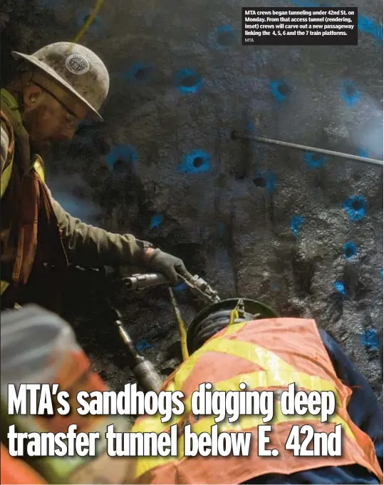  ?? MTA ?? MTA crews began tunneling under 42nd St. on Monday. From that access tunnel (rendering, inset) crews will carve out a new passageway linking the 4, 5, 6 and the 7 train platforms.