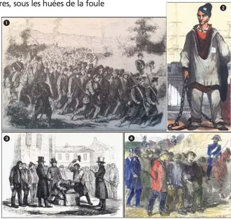  ?? (Photos DR) ?? La chaîne, procession qui traversait la France plusieurs fois par an. Direction Toulon avec les fers aux pieds . Avant le départ, le ferrement des bagnards était public, sauf pour les femmes . Les marches quotidienn­es faisaient de  à  km, notamment...