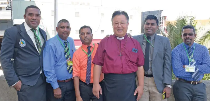  ?? Photo: Ronald Kumar ?? From left, Reverend Apisalome Vuadreu, Reverend Daniel Sami, Reverend Lal Mohammed, Reverend Ben Yoo, Reverend Joseph Swamy and Reverend Adriel Sami during Methodist Church annual conference at Centenary Church on August 21, 2018.