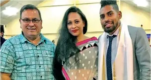  ??  ?? Star Fijian striker Roy Krishna (far right)was honoured at the Fiji Girmit Foundation’s 140th Girmit anniversar­y celebratio­ns in Auckland last year. Pictured here with wife Naziah Ali, and Vinod Raniga.