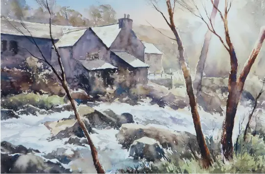  ?? ?? ▲ Paul Weaver Rushing River, Cumbria, watercolou­r on Saunders Waterford Rough 140lb (300gsm), 13318in (33345.5cm).
The tumbling water was painted with energy and a light touch to create broken shapes and maximise the white of the paper