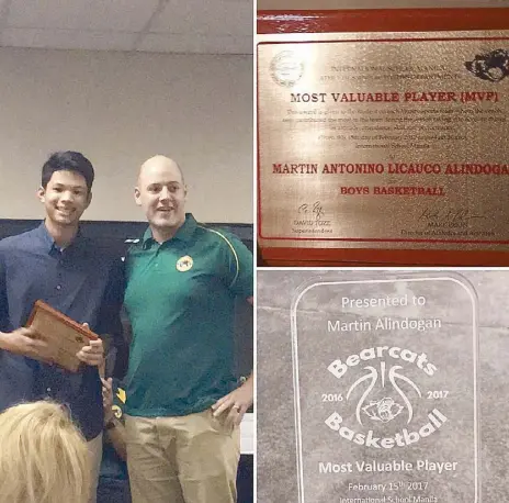  ??  ?? A freshman at Internatio­nal School Manila, Martin Alindogan (left), receives his Basketball MVP award from Coach Nourse