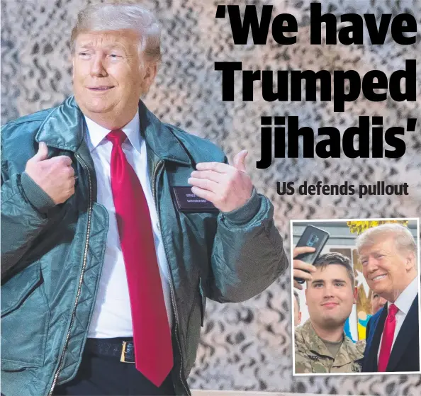  ?? Pictures: AFP ?? MISSION ACCOMPLISH­ED: A bomber jacket-clad Donald Trump arrives to greet US troops in Iraq, and (inset) posing for a selfie with a soldier.