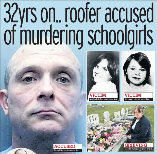  ??  ?? Russell Bishop denies murder Nicola died after vanishing in ’86 Karen was killed at same time Nicola’s mum Sue at grave of girls