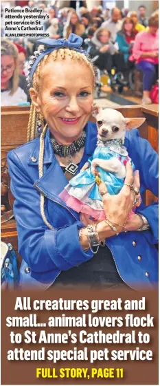  ?? ALAN LEWIS PHOTOPRESS ?? Patience Bradley attends yesterday’s pet service in St Anne’s Cathedral