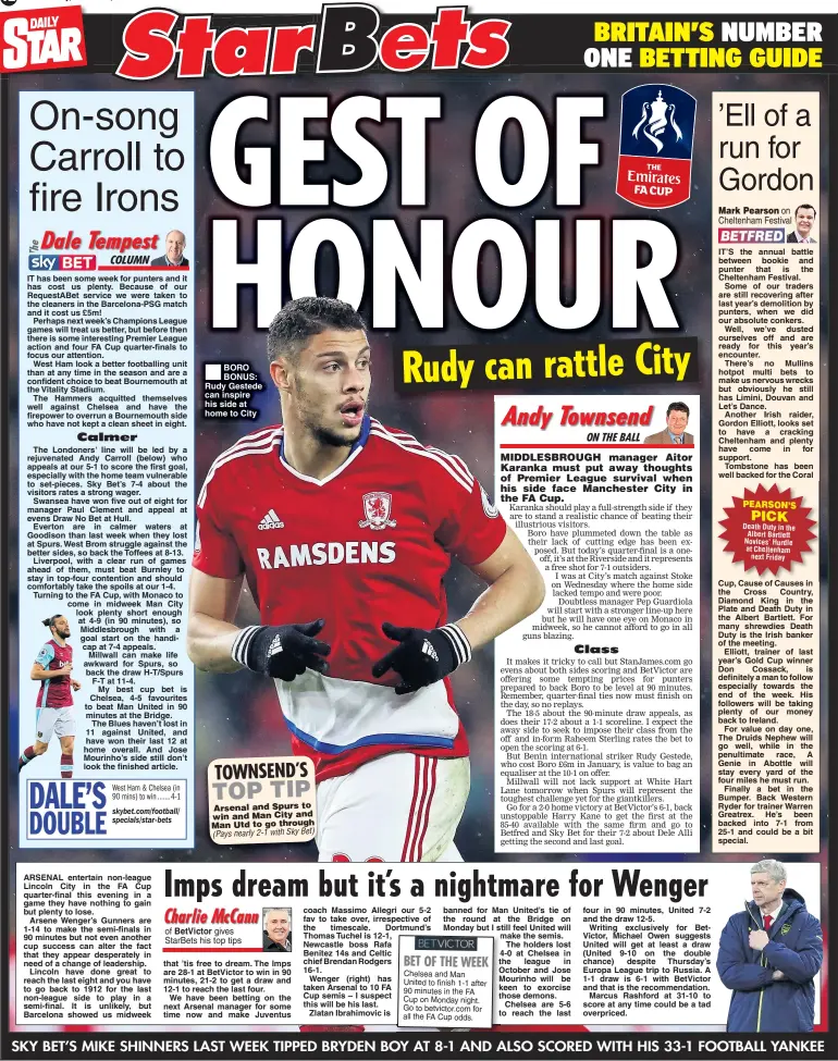  ??  ?? BORO BONUS: Rudy Gestede can inspire his side at home to City