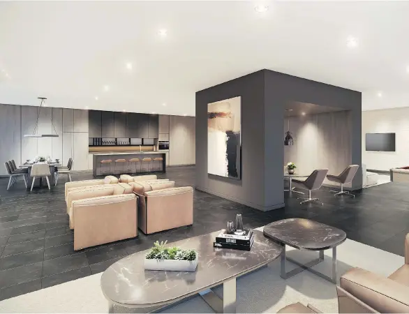  ??  ?? An artist’s rendering of the party room at Akimbo, one of the many amenities planned for the 40-storey residentia­l tower at the corner of Madison Avenue and Dawson Street in Burnaby.