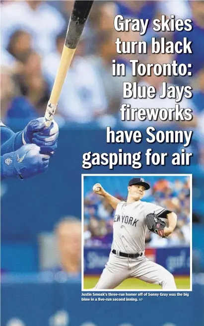  ?? AP ?? Justin Smoak’s three-run homer off of Sonny Gray was the big blow in a five-run second inning.