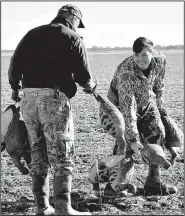  ?? Arkansas Democrat-Gazette/BRYAN HENDRICKS ?? Matthew Volpe and Joe Volpe enjoy a light moment while picking up decoys after a goose hunt Dec. 22 near Lodge Corner.