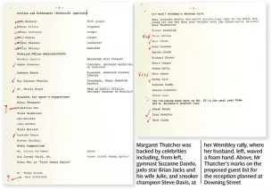  ??  ?? Margaret Thatcher was backed by celebritie­s including, from left, gymnast Suzanne Dando, judo star Brian Jacks and his wife Julie, and snooker champion Steve Davis, at her Wembley rally, where her husband, left, waved a foam hand. Above, Mr Thatcher’s...