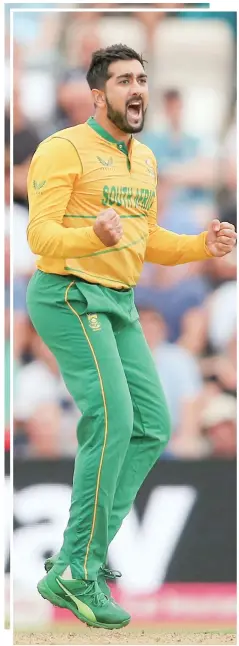  ?? ?? South Africa’s Tabraiz Shamsi celebrates after the dismissal of England’s Liam Livingston­e during the third T20 internatio­nal cricket match in Southampto­n, England on July 31, 2022.