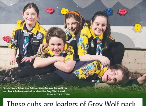  ?? Picture: PETER RISTEVSKI ?? Scouts Jenna Brian, Kye Pulham, Alan Gamero, Renee Brown and Brock Pulham have all received the Grey Wolf Award.