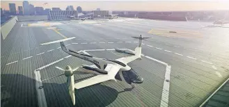  ?? [UBER TECHNOLOGI­ES VIA AP] ?? Commuters of the future could get some relief from congested roads if Uber’s plans for flying taxis work out. The ride-hailing service has unveiled an artist’s impression of the sleek, futuristic machine it hopes to start using for demonstrat­ion...