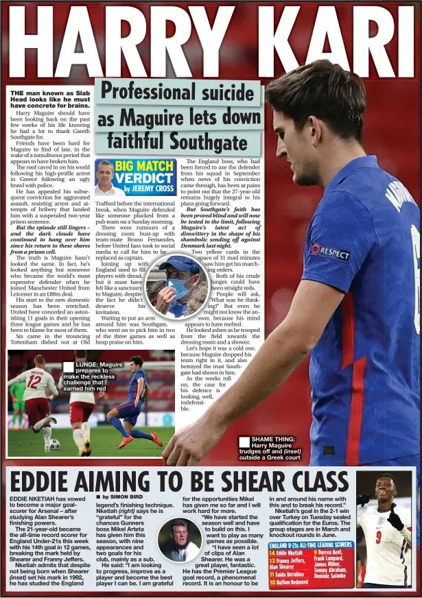  ??  ?? SHAME THING: Harry Maguire trudges off and ( inset) outside a Greek court
