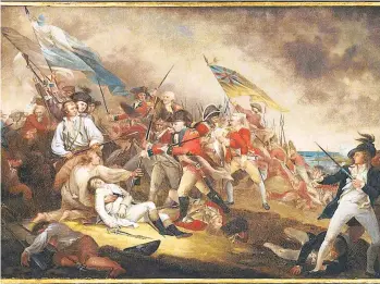  ?? BOSTON MUSEUM OF FINE ARTS ?? John Trumbull’s painting, “The Death of General Warren at the Battle of Bunker Hill,” portrays a dying and limp Warren.