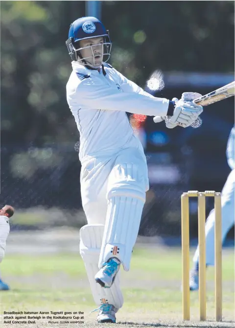  ?? Picture: GLENN HAMPSON ?? Broadbeach batsman Aaron Tugnutt goes on the attack against Burleigh in the Kookaburra Cup at Avid Concrete Oval.