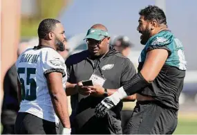  ?? Rob Carr/Getty Images ?? The Eagles’ Brandon Graham (55) and Jordan Mailata, right, participat­e in a practice session on Friday in Tempe, Ariz.