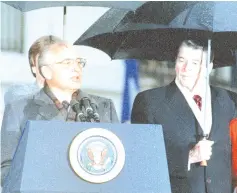  ??  ?? Dec 10, 1987 file photo shows Gorbachev (left) and Reagan during Gorbachev’s departure ceremony at the White House in Washington. — Reuters photo