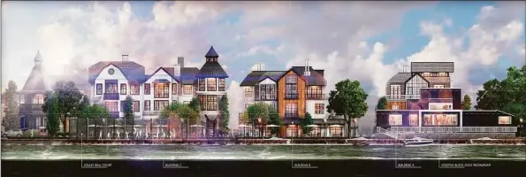  ?? LandTech / Contribute­d image ?? A rendering of the Hamlet at Saugatuck in Westport. Officials are looking at what restrictio­ns and trade-offs make sense if a new zoning district is created in connection with the Hamlet at Saugatuck project and what it could mean for future developmen­t of the area.