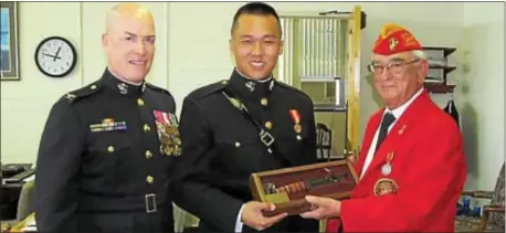  ??  ?? The Gen. Smedley D. Butler Marine Corps League Detachment announces that 2nd Lt. Alfred Hwang was the recipient the league’s Semper Fi Award, presented through the Chapel of the Four Chaplains to a newly commission­ed cadet. Hwang received the award...