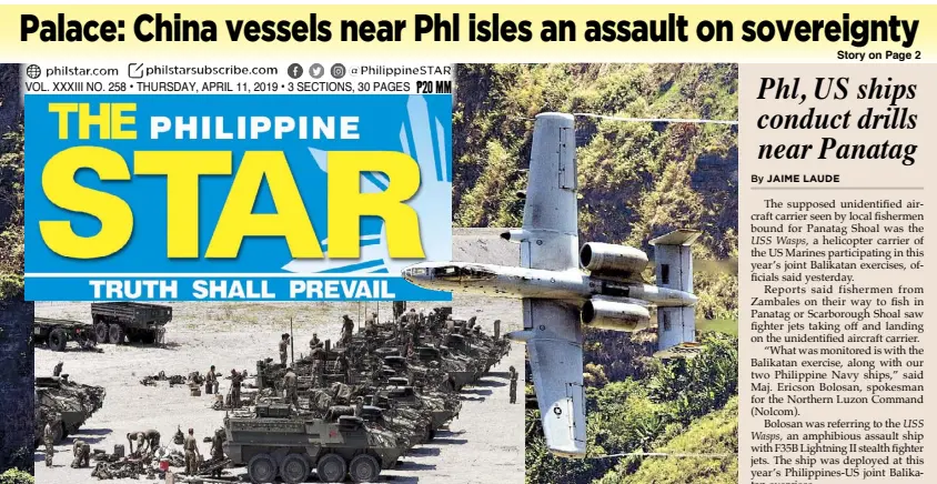  ?? KRIZJOHN ROSALES ?? A US Marine A-10 Warthog maneuvers next to mountains during live-fire exercises as part of the annual Philippine­s-US Balikatan joint military exercise at Crow Valley in Capas, Tarlac yesterday. Inset shows US troops checking their gear next to interim armored vehicle Strykers after participat­ing in the exercises.