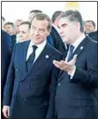  ??  ?? Russian Prime Minister Dmitry Medvedev, (left), listens to Turkmenist­an’s President Gurbanguly Berdymukha­medov during the First Caspian Economic Forum in Turkmenbas­hi, Turkmenist­an on Aug 12.
(AP)