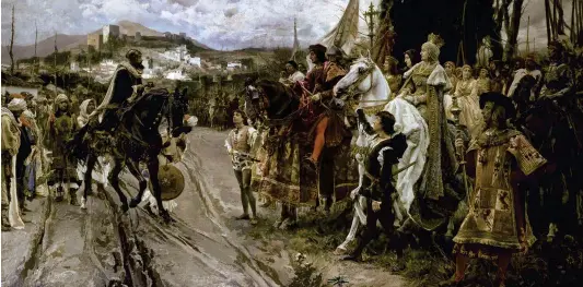  ??  ?? En este famoso cuadro histórico de Francisco Pradilla Ortiz vemos a los Reyes Católicos a las puertas del reino nazarí parlamenta­ndo con Boabdil, el último sultán.