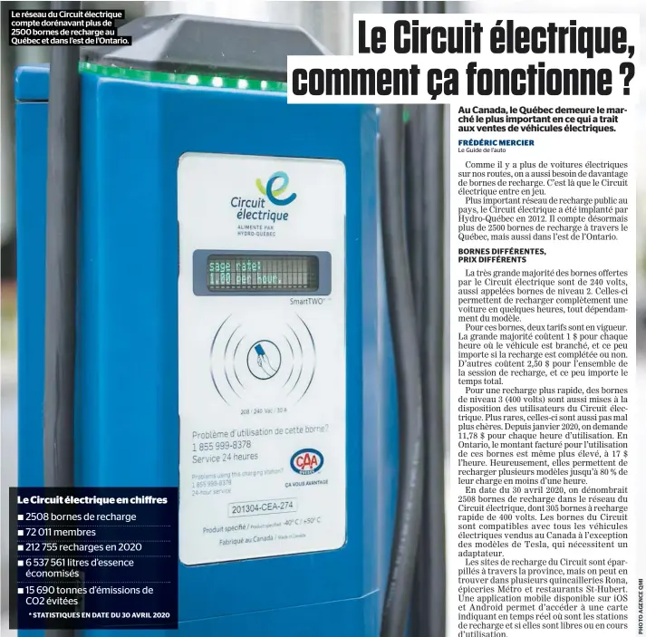  ??  ?? Le réseau du Circuit électrique compte dorénavant plus de 2500 bornes de recharge au Québec et dans l’est de l’ontario. Le Circuit électrique en chiffres
√ 2508 bornes de recharge √ 72 011 membres
√ 212 755 recharges en 2020 √ 6 537 561 litres d’essence
économisés
√ 15 690 tonnes d’émissions de CO2 évitées * STATISTIQU­ES EN DATE DU 30 AVRIL 2020