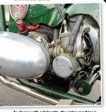  ??  ?? As always with a Velocette, the entire machine is beautifull­y built. Observe the oil filter (same as the LE) below the gearbox, and the carb, with its single cable and strangler