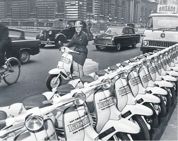  ?? ?? Not only did Lambrettas conjure up an image of continenta­l sophistica­tion, the Italian machines were what many people learned to ride on. In 1964, the RAC-ACU training scheme took possession of a number of Lambretta Slimstyle scooters on which to train novice riders. Here, Mary Driver, one of the leading trials riders of the time, tries out one of the new scooters.