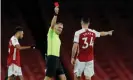  ??  ?? Granit Xhaka is shown the red card by the referee Graham Scott during Arsenal’s 1-0 loss to Burnley. Photograph: Tom Jenkins/NMC Pool/The Guardian