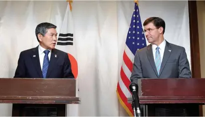  ?? AFP PHOTO / SOUTH KOREAN DEFENCE MINISTRY ?? PUT ON HOLD: U.S. Defense Secretary Mark Esper, right, and South Korean Defence Minister Jeong Kyeong-doo attend a joint press conference on Sunday.