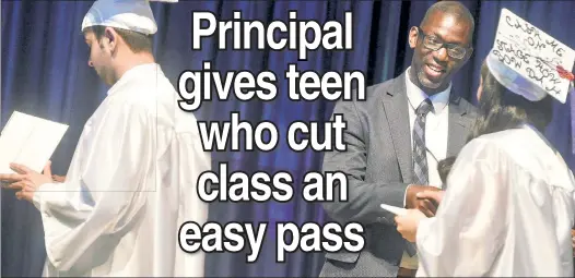  ??  ?? ACHIEVERS: Principal Marc Williams last week congratula­tes grads from the Secondary School for Journalism, amid questions about credits.