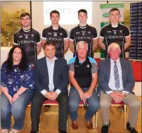  ??  ?? AbbVie Senior, U20 and Junior Football Sponsors. Back row: Mikey Gordon, Paddy O’ Connor, Eamonn Kilgannon and Luke Nicholson . Front row: Bernardine McGauran, (Secretary Sligo County Board), Darragh Patwell (Site Director AbbVie Manorhamil­ton Road),...