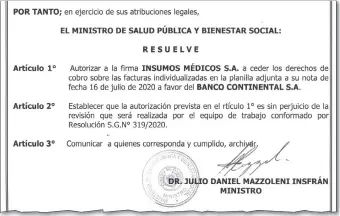  ??  ?? Facsímil de la resolución de pago a la firma “Insumos médicos SA”, ligada a Justo Ferreira.