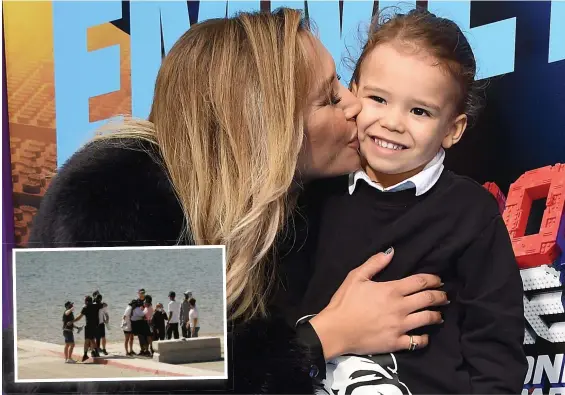  ?? Pictures: AFP, GETTY IMAGES ?? Naya Rivera, 33, and her son Josey, 4, in Los Angeles last year and (inset) friends gather near the spot where her body was found.