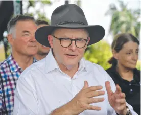  ?? ?? Prime Minister Anthony Albanese announcing a hydrogen hub for Townsville, and (inset) Joh Bjelke-Petersen. Picture: Evan Morgan