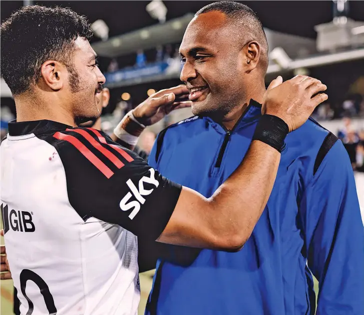  ?? Photo: Crusaders ?? Flying Fijian and Western Force winger Manasa Mataele (right) meets Crusaders key playmaker Richie Mo’unga after their Super Rugby Pacific clash at the HBF Park in Perth, Australia, on April 7, 2022. Mataele and Mou’nga played together for the Crusaders for the past four years before moving to the Force, this season. The Fiji speedster withdrew in the last minute after failing the Head Injury Assessemen­t (HIA) test. Crusaders won 53-13.