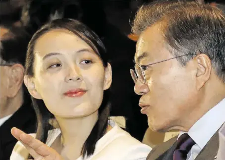  ?? BILD: SN/APA/AFP/YONHAP/- ?? Kim Yo Jong, die Schwester von Nordkoreas Machthaber, mit Südkoreas Präsidente­n Moon Jae In.