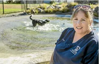  ?? JOHN KIRKANDERS­ON/ STUFF ?? Kelly Burt, manager of Dogwatch, with the new swimming pond.