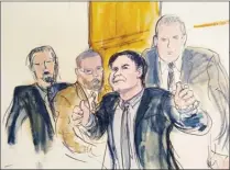  ?? The Associated Press ?? In this courtroom drawing, Joaquin “El Chapo” Guzman, accompanie­d by U.S. Marshalls, gestures a thumbs up to his wife, Emma Coronel Aispuro, as he leaves the courtroom on Tuesday in New York.