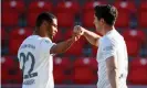  ?? Photograph: Hannibal Hanschke/Pool via Getty Images ?? Bayern Munich’s Robert Lewandowsk­i celebrates scoring from the penalty spot with Serge Gnabry in a comfortabl­e outing at Union Berlin.