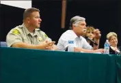  ?? FILE PHOTO — LAKE COUNTY PUBLISHING ?? Dr. Gary Pace updates community members about the county’s efforts to contain the spread of Coronaviru­s in Lake County as Sheriff Brian Martin (left) and members of the Sutter Lakeside medical staff(right) provide their expertise during a forum in Kelseyvill­e in March.