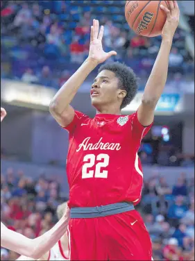  ?? DOUG MCSCHOOLER/POST-TRIBUNE ?? Andrean’s Deshon Burnett puts up a shot against Linton-Stockton during the Class 2A state final at Bankers Life Fieldhouse in Indianapol­is on March 23.