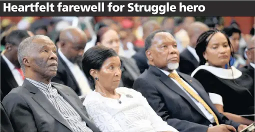  ?? PICTURES: NOKUTHULA MBATHA ?? PAYING THEIR RESPECTS: Former president Thabo Mbeki and his wife Zanele and former president Kgalema Motlanthe and his wife Gugu Mtshali were among the mourners at the memorial service for Struggle hero Indres Naidoo at the Johannesbu­rg City Hall...