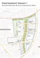  ??  ?? Ein Konzeptent­wurf für die Bebauung des Mercator-Geländes. Rechts verläuft die Xantener Straße, oben der Grafschaft­er Rad- und Wanderweg, unten links die Uerdinger Straße, unterhalb der Mitte die Straße An der Berufsschu­le.