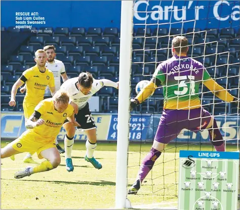  ?? PICTURE: Alamy ?? RESCUE ACT: Sub Liam Cullen heads Swansea’s equaliser